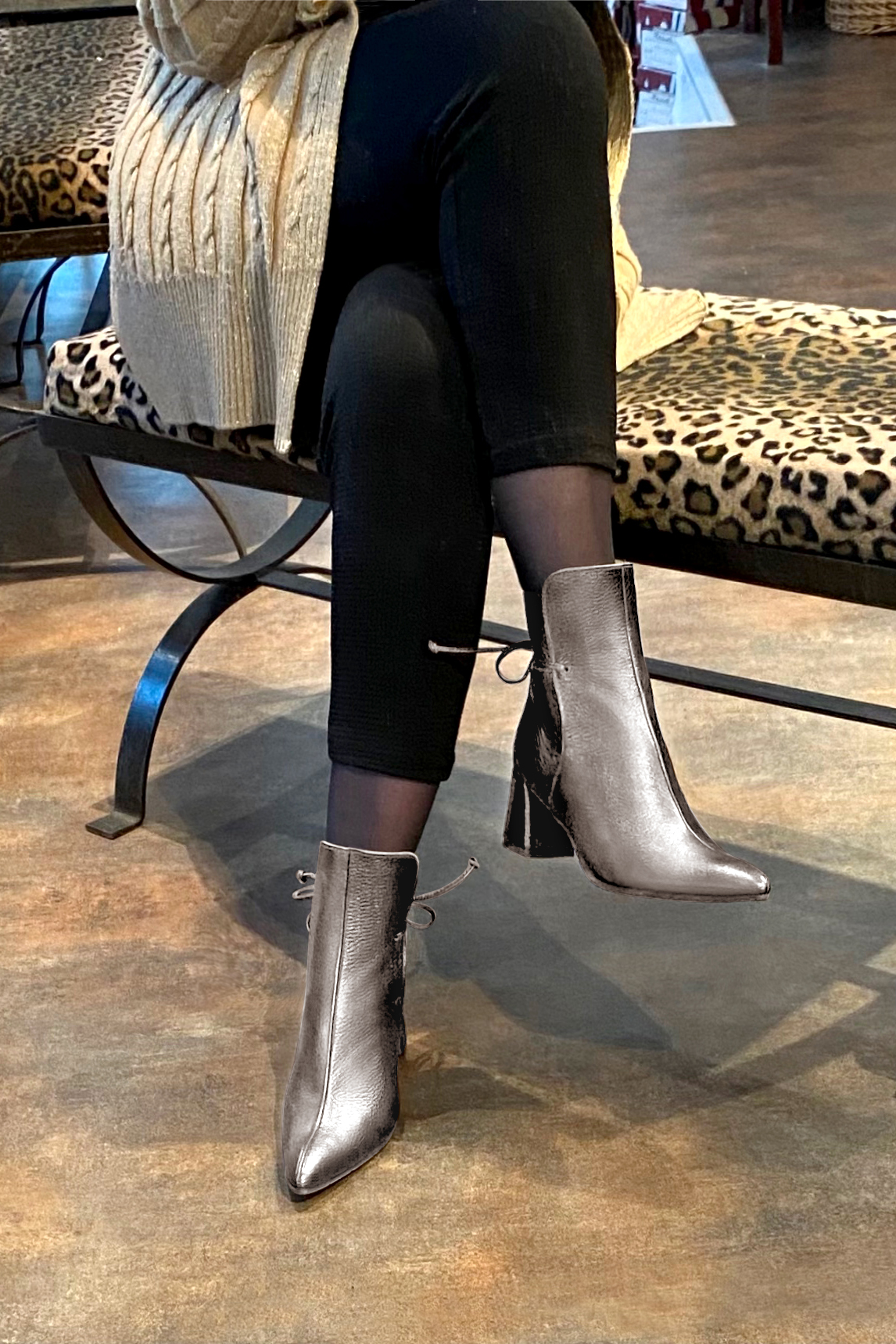 Ash grey women's ankle boots with laces at the back. Tapered toe. Medium flare heels. Worn view - Florence KOOIJMAN